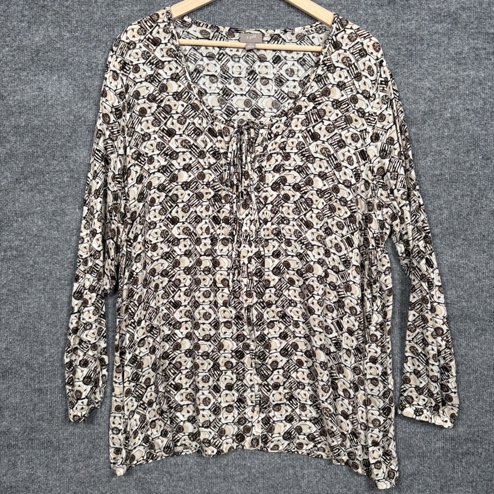 J.Jill Size XL Top Gray Lounge Abstract Rayon Comfy Tie Neck Long Sleeves